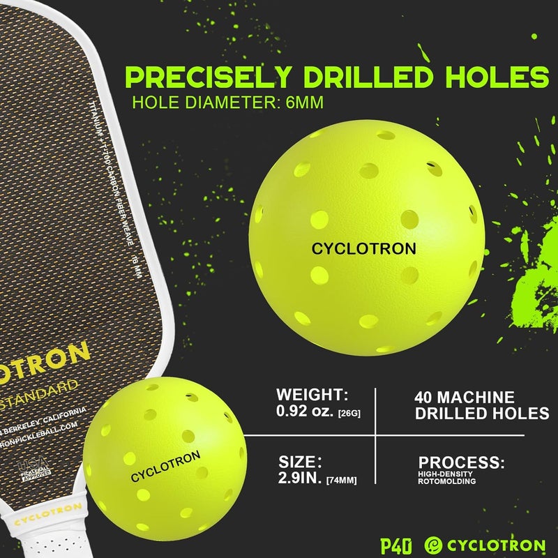 cyclotron P-40 Outdoor Pickleball Balls – USAPA Approved Pickleballs, 40-Hole Precision Design, High Visibility, Durable Seamless HDPE Construction, 3/6 Pack - Image 2